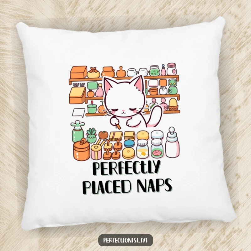 Funny Pillow: A cat meticulously lines up items, offering soft comfort and humorous organization.