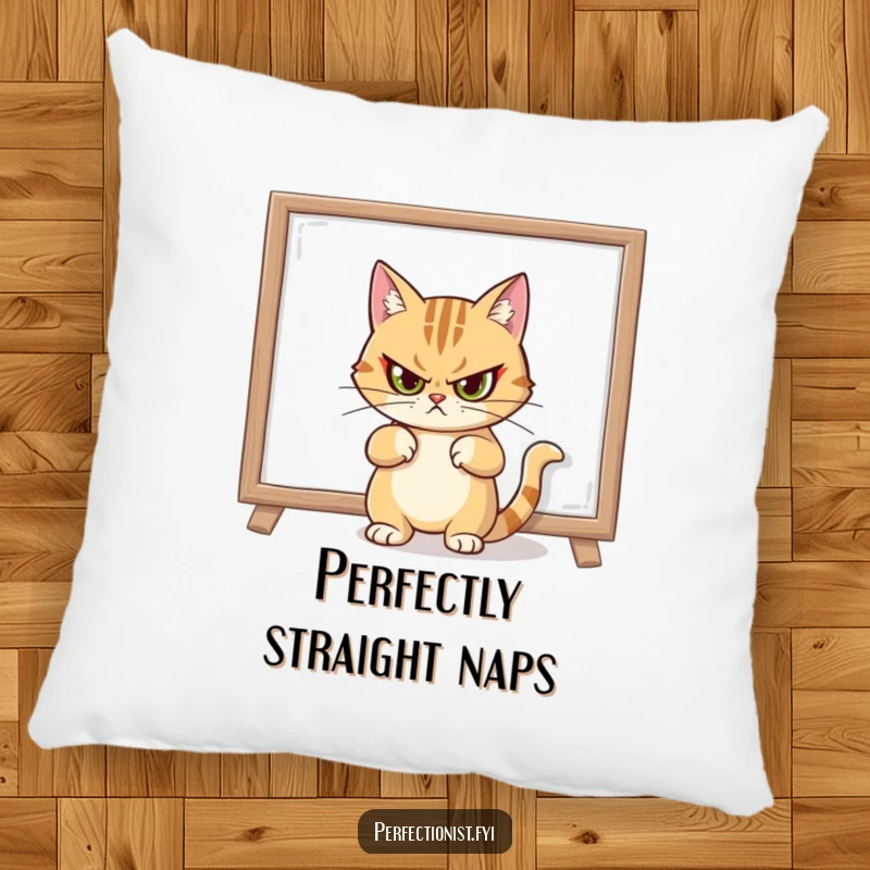 Funny pillow featuring a cat giving a stern look after straightening a crooked painting, perfect for stylish decor.