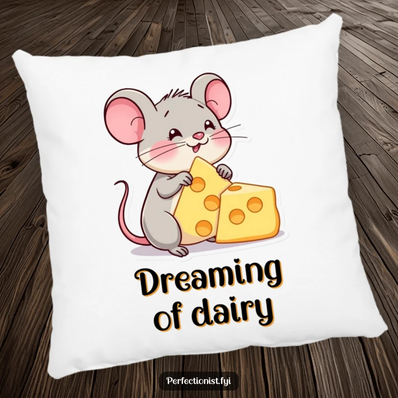 Funny pillow with a content mouse character lovingly admiring a perfect cheese triangle, bringing comfort and cheesy humor to any space.