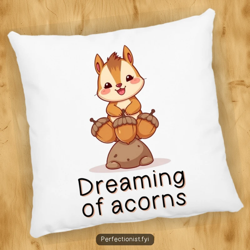 Funny pillow with a happy chipmunk character balancing three acorns, adding a humorous touch of joy and skill.