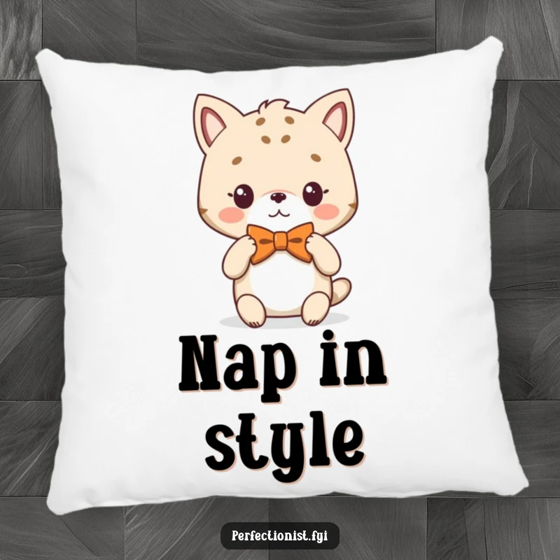 Funny Pillow featuring an animal character adjusting its perfectly symmetrical bowtie, offering comfort and dapper humor.