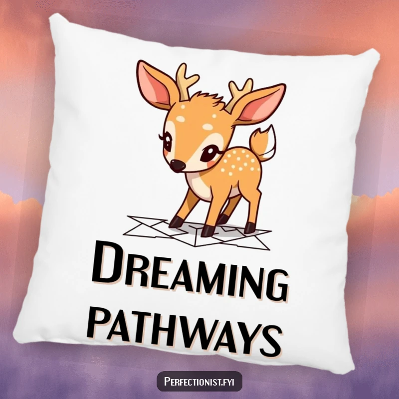 Funny deer pillow with a focused character planning a geometric pathway, providing plush comfort and a humorous symbol of organization.