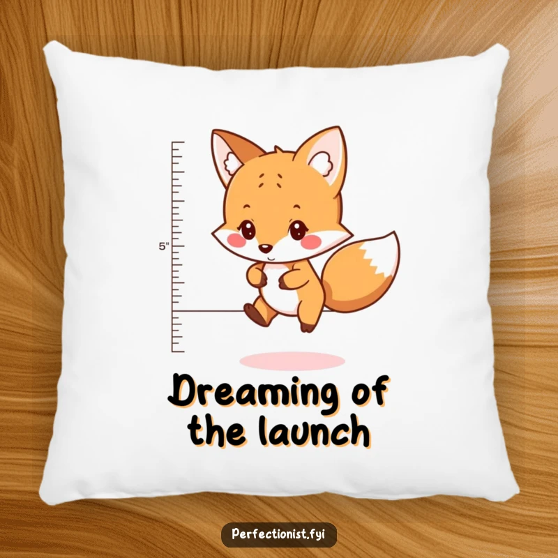 Funny pillow showcasing a careful fox character precisely measuring the perfect distance to jump, offering comfort and a touch of witty planning.
