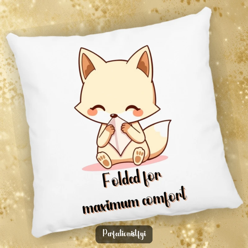 Funny fox pillow with a character neatly folding a tiny handkerchief, offering comfort and a touch of dapper humor to any room.