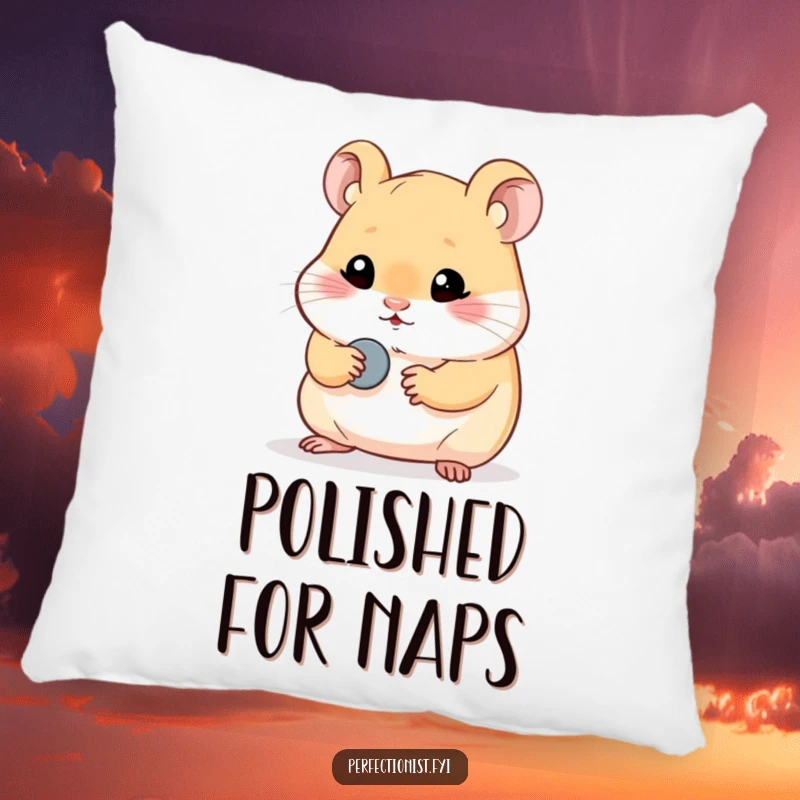Funny hamster pillow with a character meticulously polishing a single, tiny button, offering comfort and a touch of humorous shine to any room.