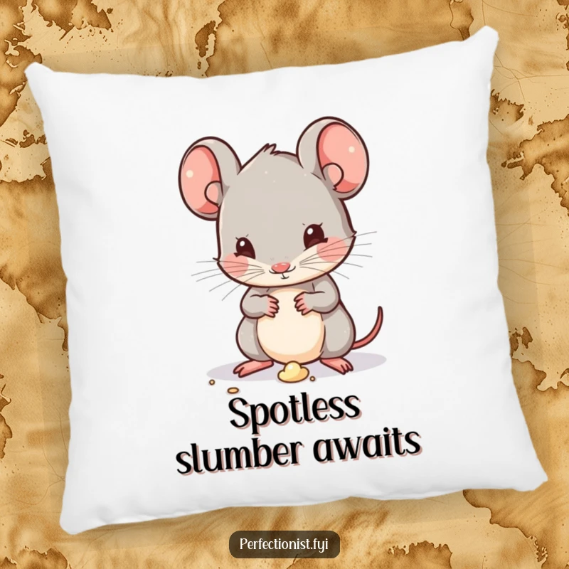 Funny Kawaii mouse character on a pillow, humorously dusting a tiny speck of dirt, offering comfort with a side of clean obsession.