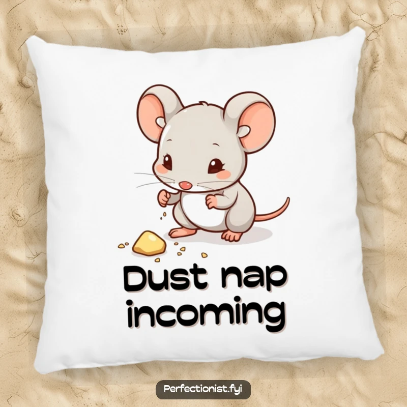 Funny pillow with a mouse character meticulously wiping dust from a crumb, adding a humorous touch of extreme tidiness and charm.
