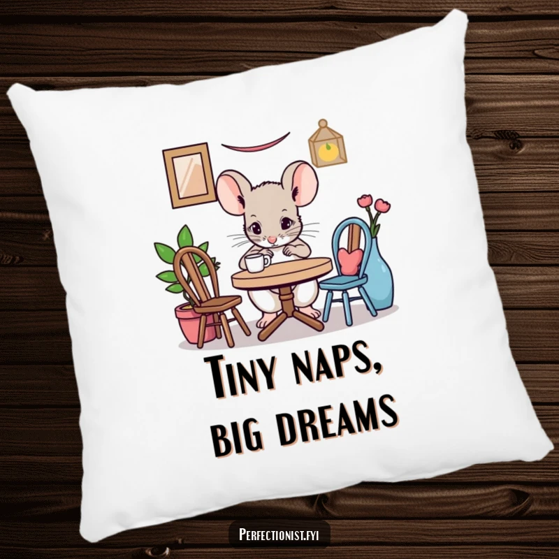 Funny mouse pillow with a character meticulously adjusting a miniature table setting, offering comfort and a touch of humorous detail to any room.