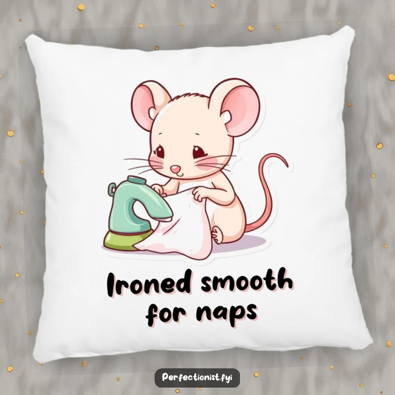 Funny mouse pillow showing a focused mouse character ironing a tiny piece of fabric, a comfy and humorous accent.