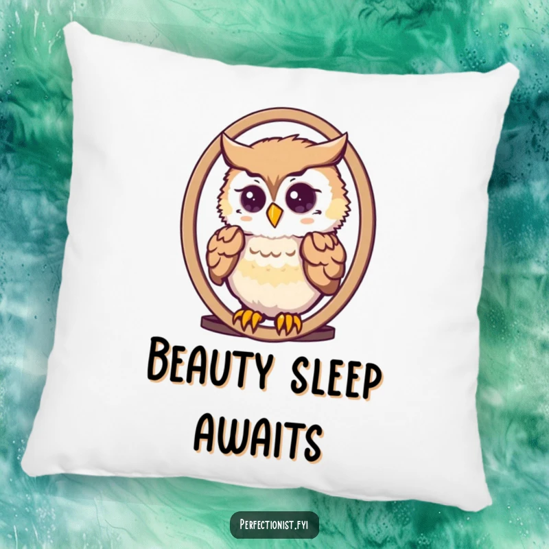 Funny cute owl meticulously arranging its feathers in a mirror on a pillow, soft decor for owl lovers.