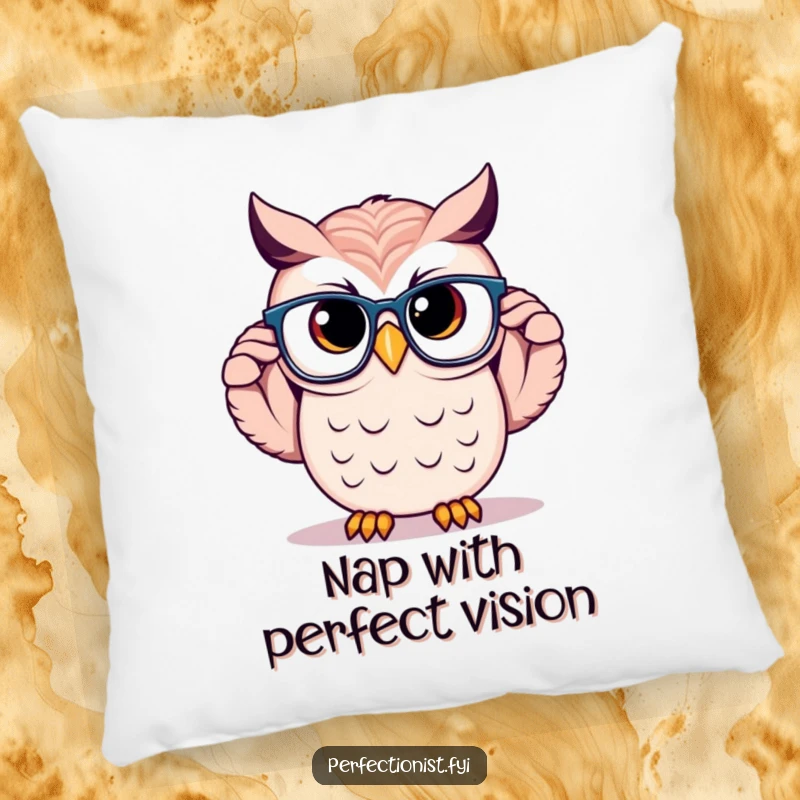 Funny Owl Pillow: A proud owl character is adjusting perfectly symmetrical glasses, offering comfort with a side of profound thought.