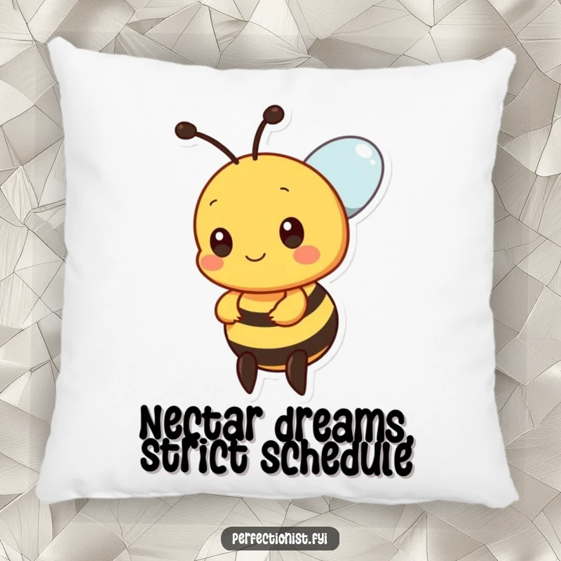 Funny bee pillow showing a precise bee character ensuring perfect nectar drop alignment, a comfy and humorous accent.