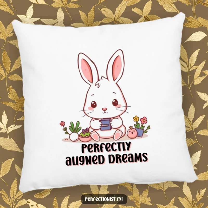 Funny Pillow: A rabbit carefully aligns small items, offering soft comfort and focused humor.