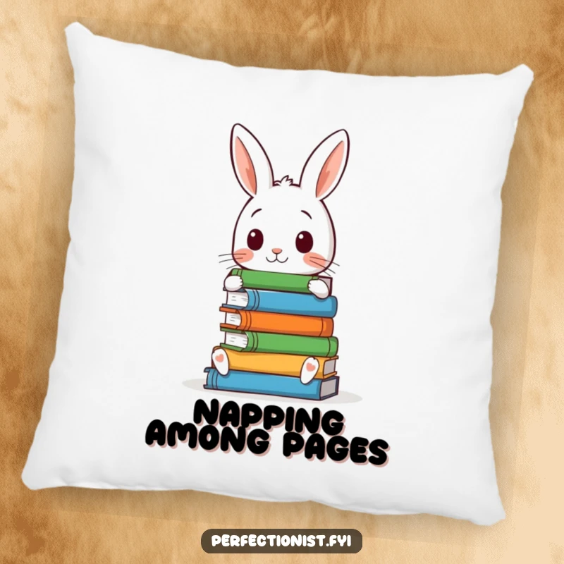 Funny pillow depicting a meticulous rabbit character, expertly arranging a stack of books, providing comfort and humor for book enthusiasts.