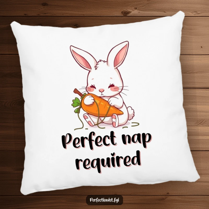 Funny pillow featuring a rabbit meticulously plucking stray threads from a carrot, symbolizing neatness and care.