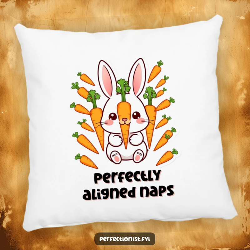 Funny Pillow: Meticulous rabbit character aligning perfectly spaced carrots, providing soft comfort and a humorous, orderly addition.
