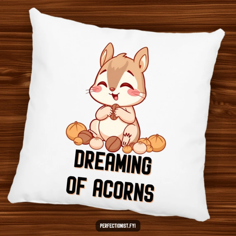 Funny giggling squirrel sorting nuts by size with great focus on a pillow, soft decor for organizers.