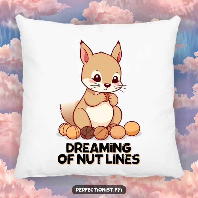 Funny Pillow: Precise squirrel character arranging nuts in a perfect line, providing soft comfort and a humorous, orderly addition.