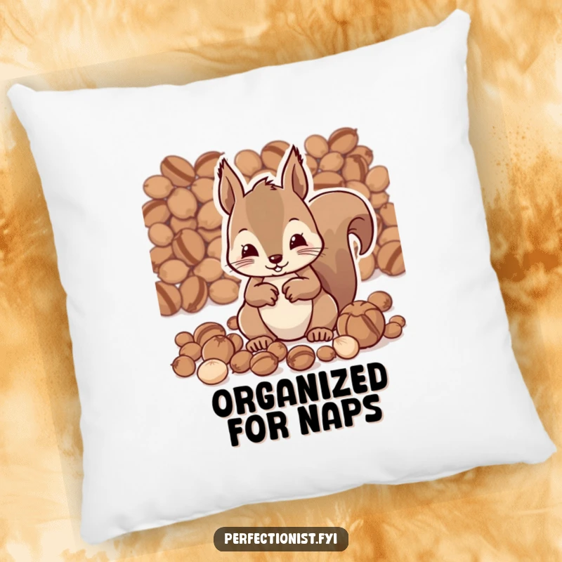 Funny pillow with a diligent squirrel character meticulously organizing nuts by size, providing comfort and a humorous decorative accent for any space.