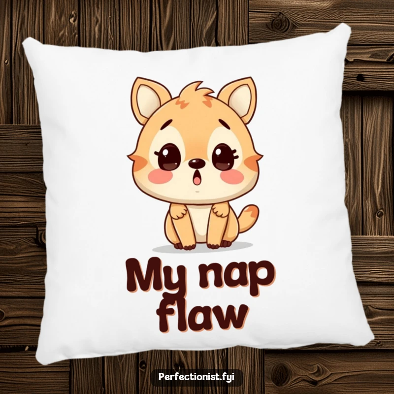 Funny plush pillow featuring a surprised animal character finding a tiny imperfection, perfect for comfort. A sweet funny gift.