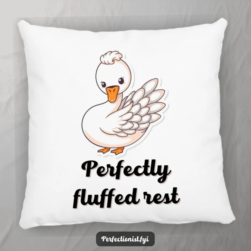 Funny pillow featuring a swan carefully arranging its feathers in a symmetrical pattern, perfect for elegant decor.