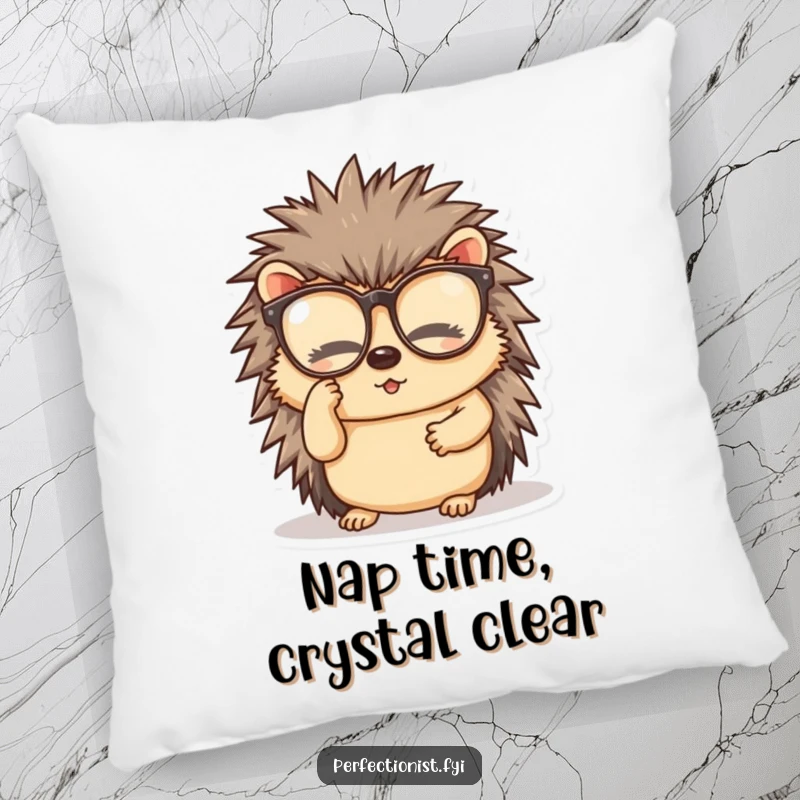 Funny pillow depicting a diligent hedgehog character, meticulously cleaning its spectacles, providing comfort and humor.
