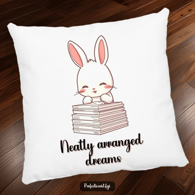 Funny Rabbit Pillow: A meticulous rabbit character is straightening a stack of papers, offering comfort with a side of organizational humor.