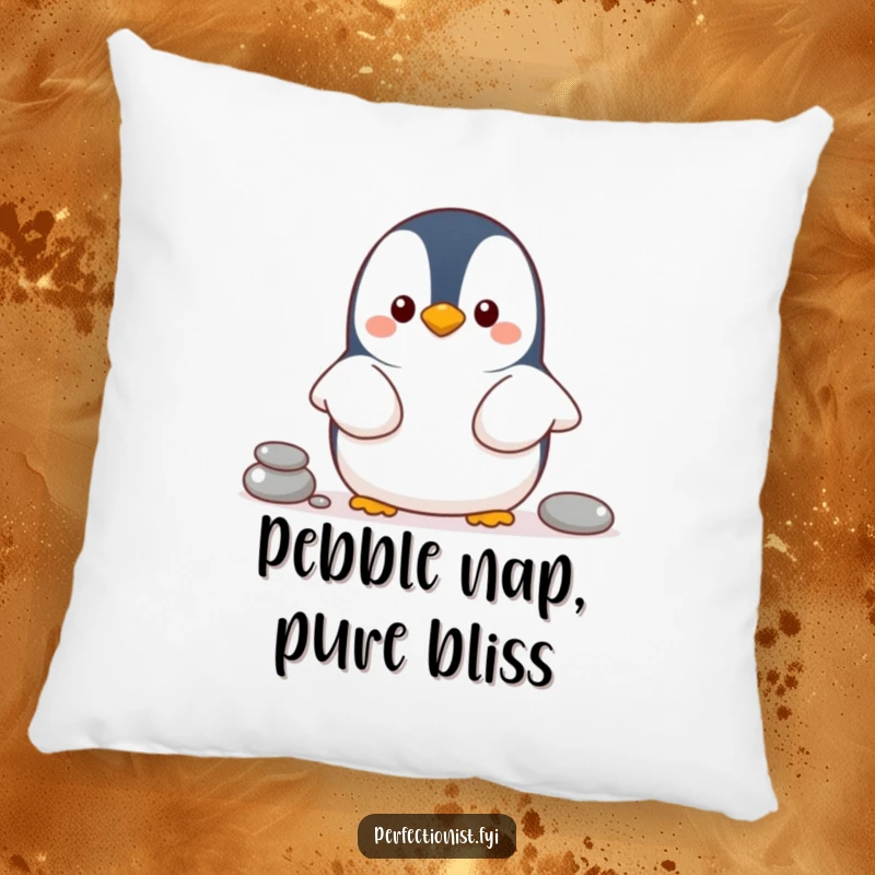 Funny penguin pillow showing a cheerful penguin character organizing pebbles in a line, a comfy and humorous accent.