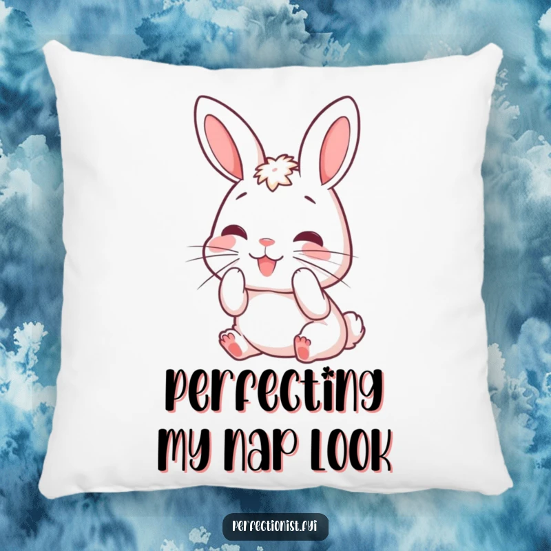 Funny rabbit pillow showcasing a cute character meticulously grooming its whiskers, providing soft comfort with a touch of humor.