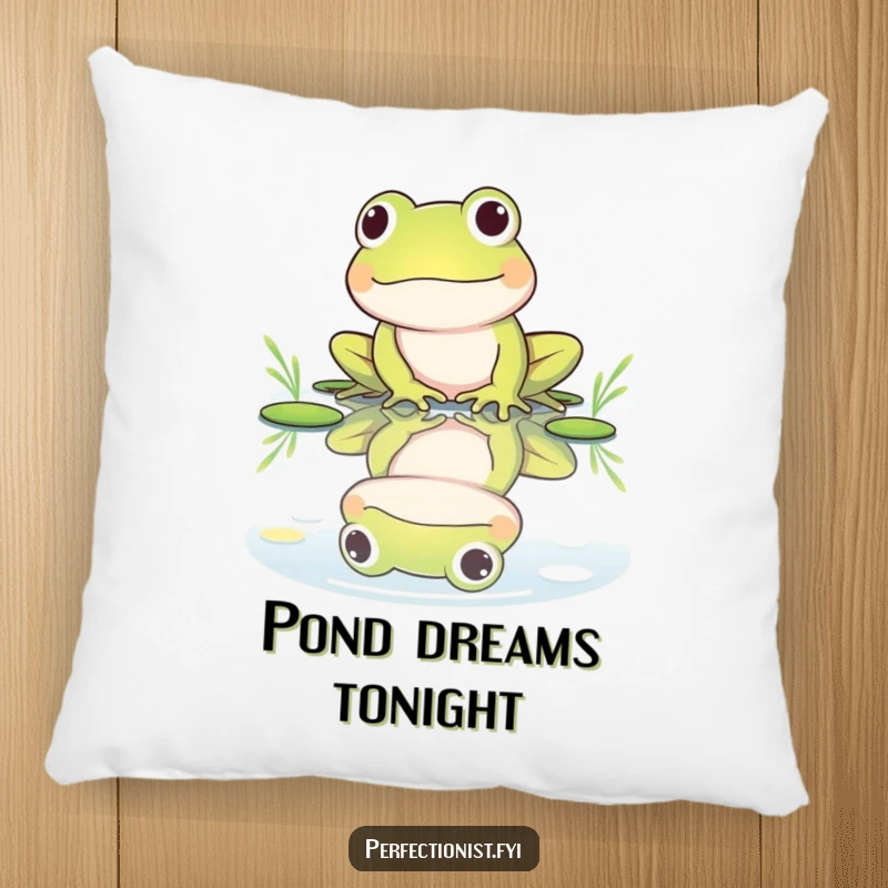 Funny pillow with a frog character polishing its reflection in a still pond, adding a humorous touch of vanity and charm.