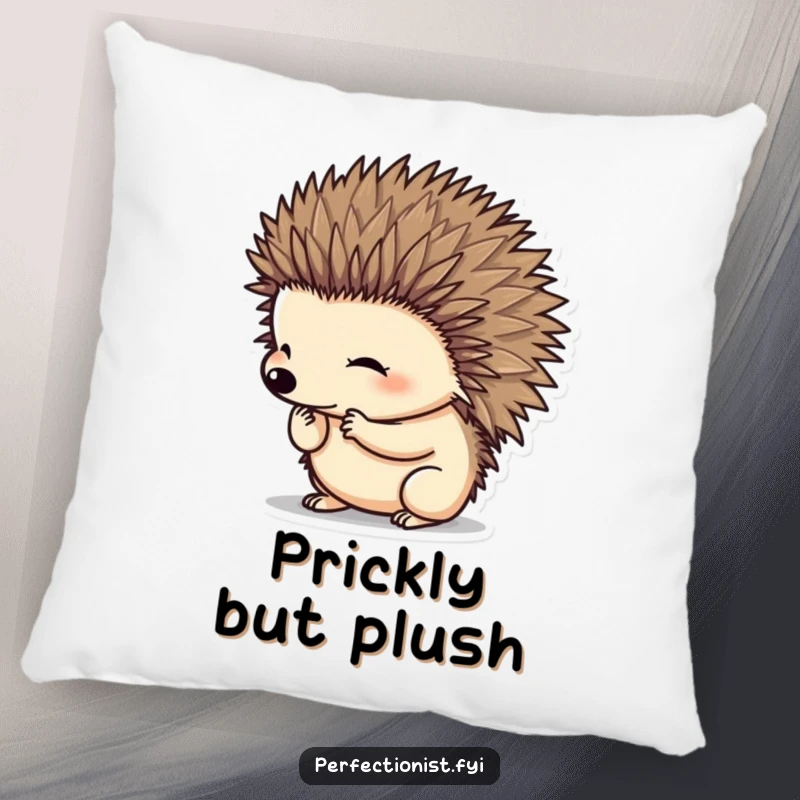 Funny hedgehog character meticulously grooming its spines on a pillow, providing decorative humor and comfort as a funny gift option.