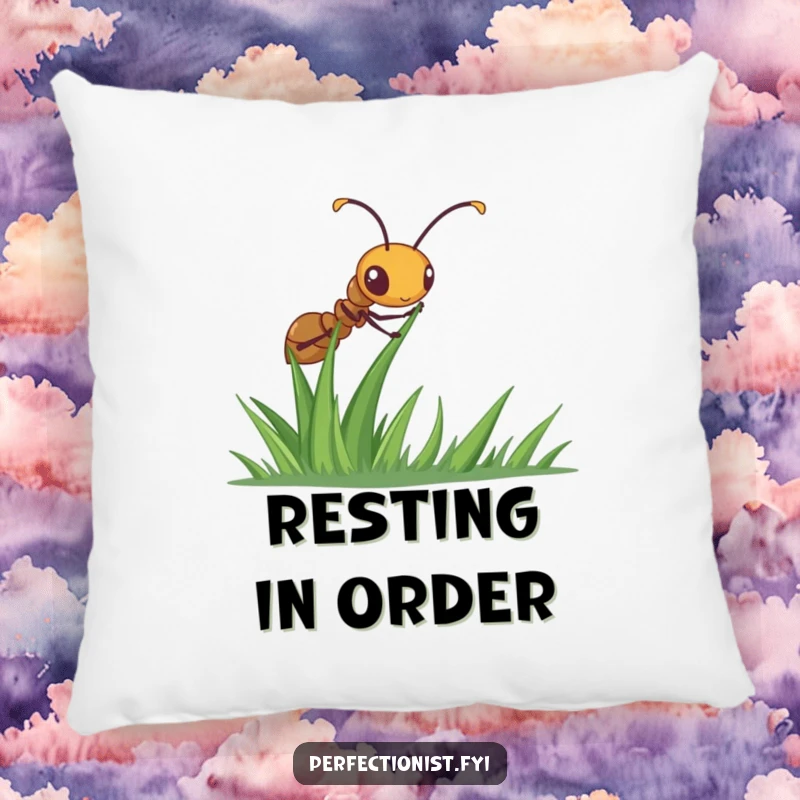 Funny ant pillow showcasing a diligent ant meticulously straightening a blade of grass, providing cozy comfort with an emphasis on detail.