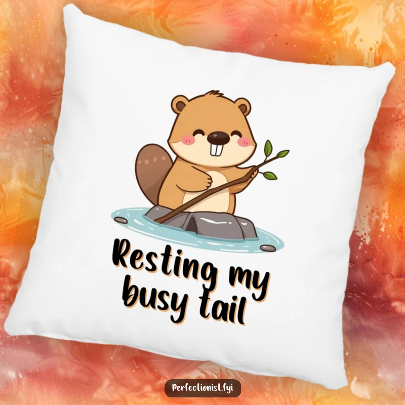 Funny happy beaver straightening a single small twig on a dam on a pillow, soft decor for builders.