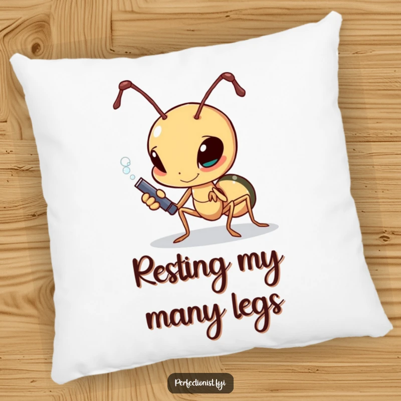 Funny determined ant polishing a single grain of sugar on a pillow, soft decor for workers.