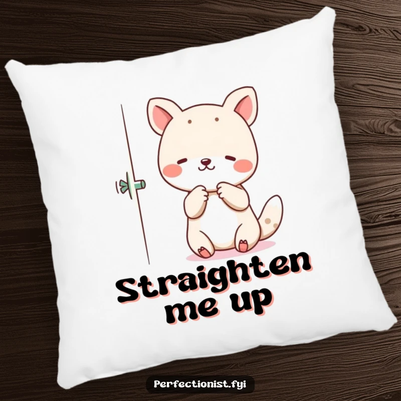 Funny Pillow featuring an animal character delicately straightening skewed items, bringing a sense of calm and order.