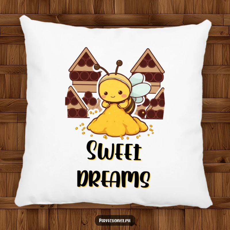 Funny Kawaii bee pillow, a depiction of a busy bee meticulously arranging pollen, bringing a sense of order.