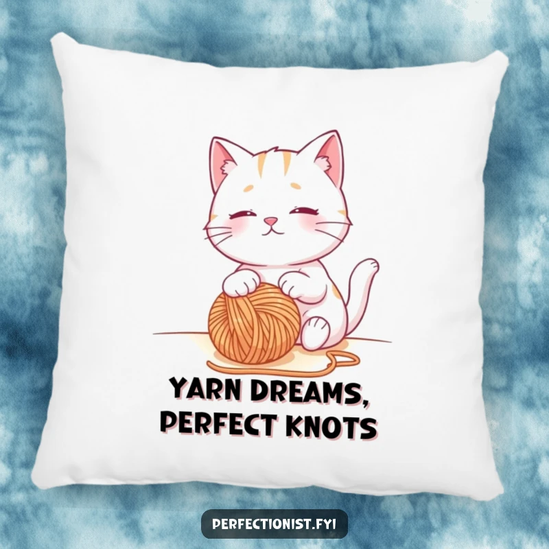 Funny cat pillow showing a contented cat character observing a perfectly placed ball of yarn, a comfy and humorous accent.