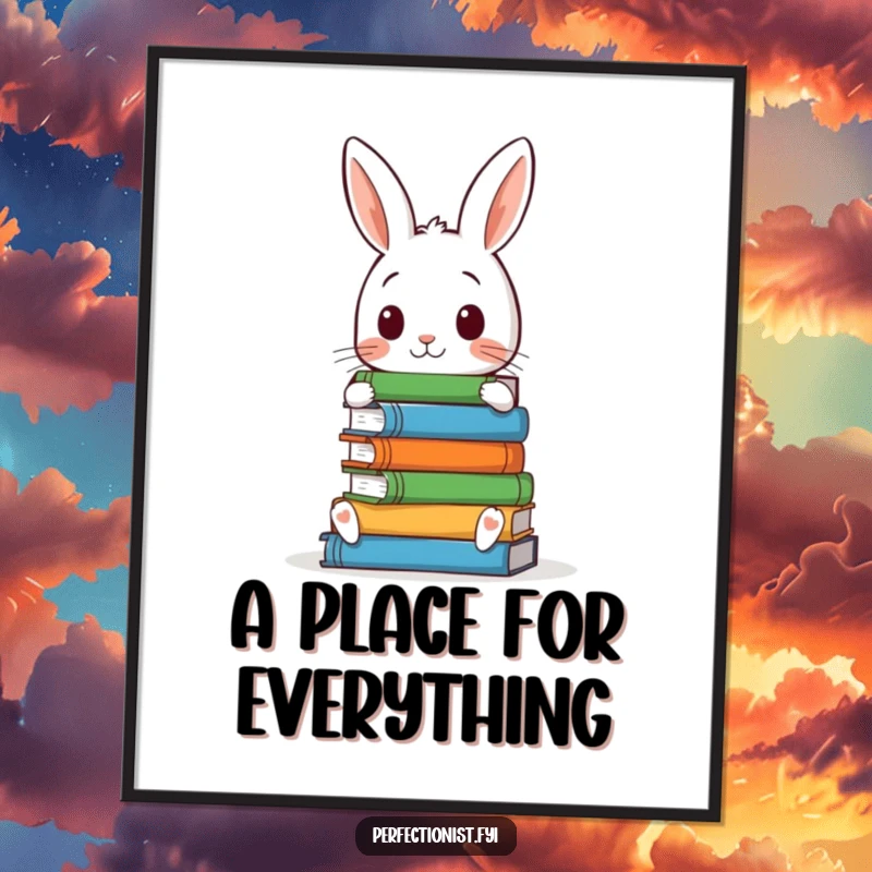 Funny digital art print of a meticulous rabbit character, flawlessly stacking books, ideal for instant humorous home decor.
