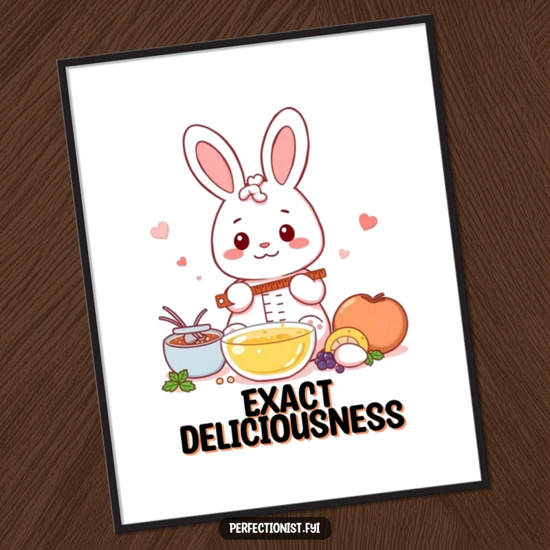 Funny Kawaii rabbit digital art print, a high-resolution image of a rabbit meticulously measuring ingredients with extreme accuracy.