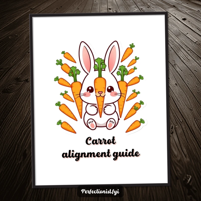 Funny Digital Art Print: Meticulous rabbit character aligning perfectly spaced carrots, a humorous and precise piece for any wall.