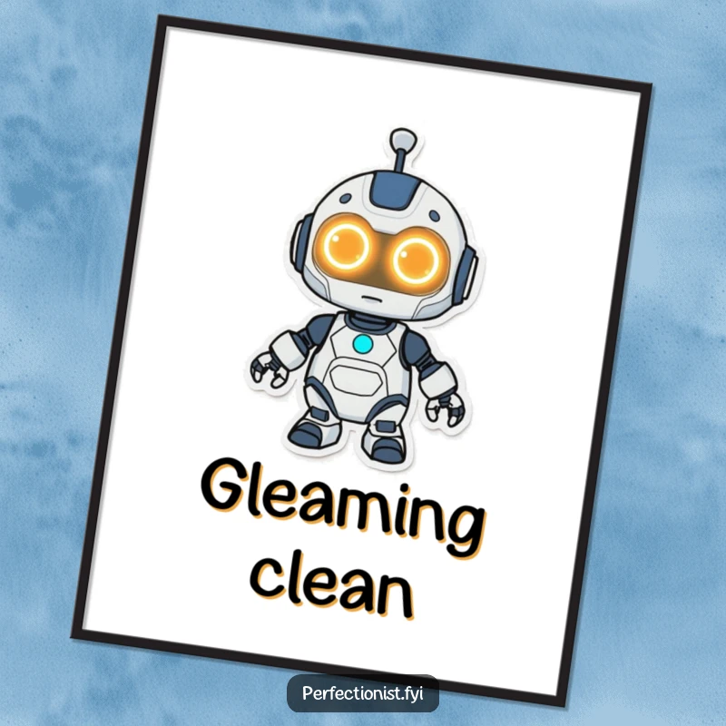 Funny Kawaii robot digital art print, a high-resolution image of a robot with glowing eyes meticulously cleaning.