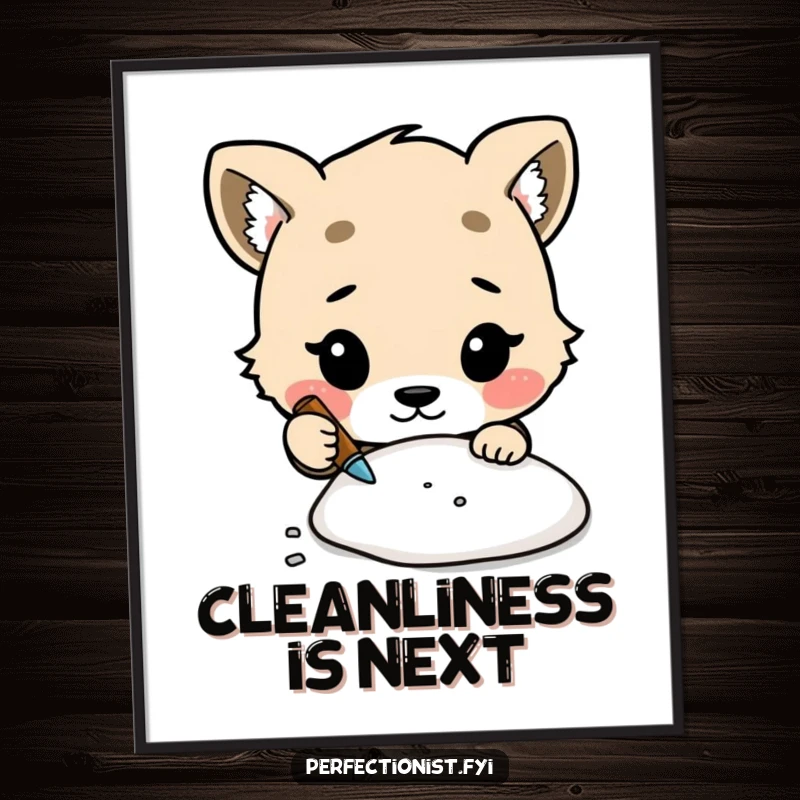 Funny digital art print of a cute animal character meticulously cleaning a tiny speck of dust, perfect for decor.