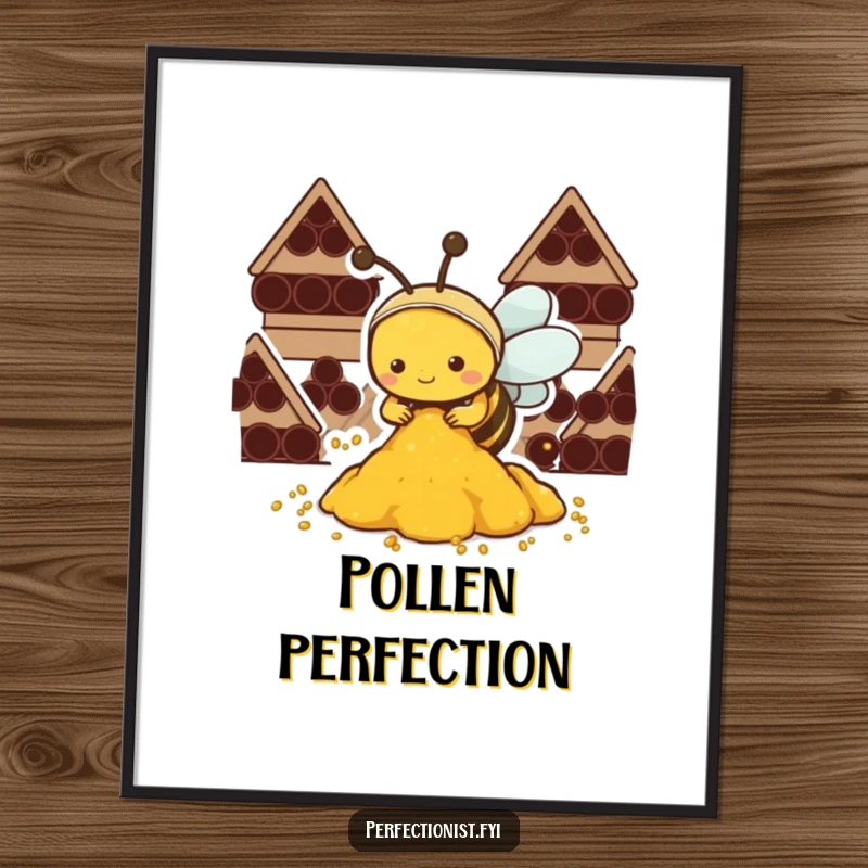 Funny Kawaii bee digital art print, a high-quality image of a bee meticulously organizing pollen into neat piles.