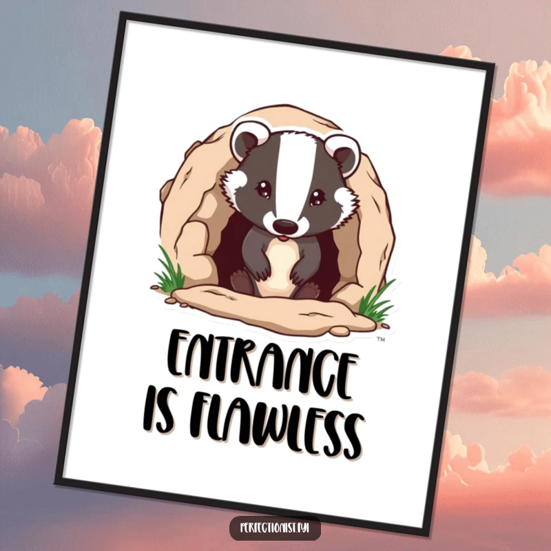 Funny badger character precisely ensuring its burrow entrance is flawless in digital art, conveying diligent humor and personality for home decor, a funny gift.