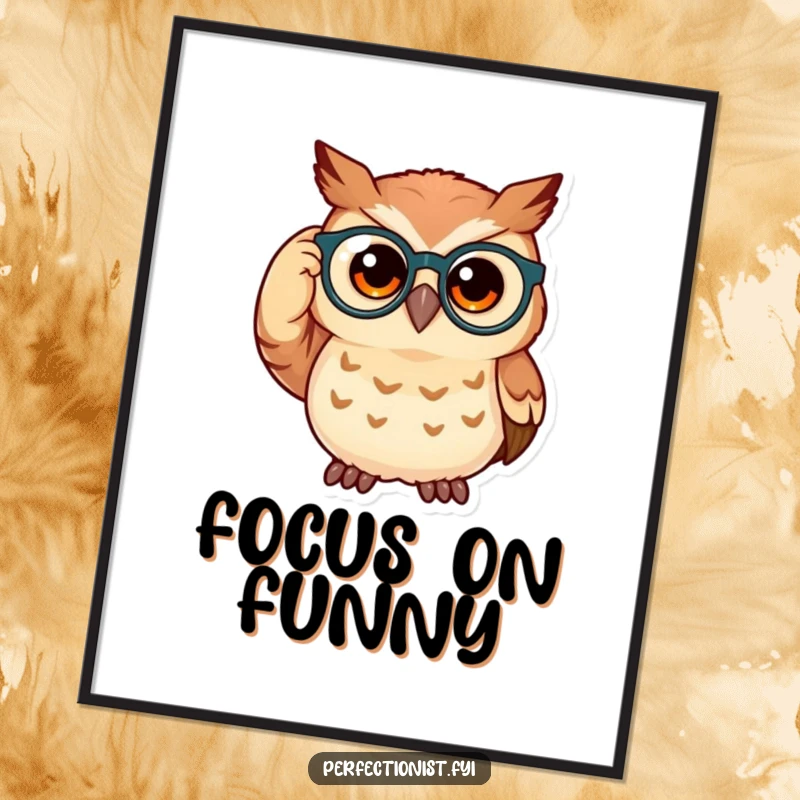 Funny owl digital art print of a curious owl adjusting its spectacles, embodying intelligence and whimsical charm for wall decor.