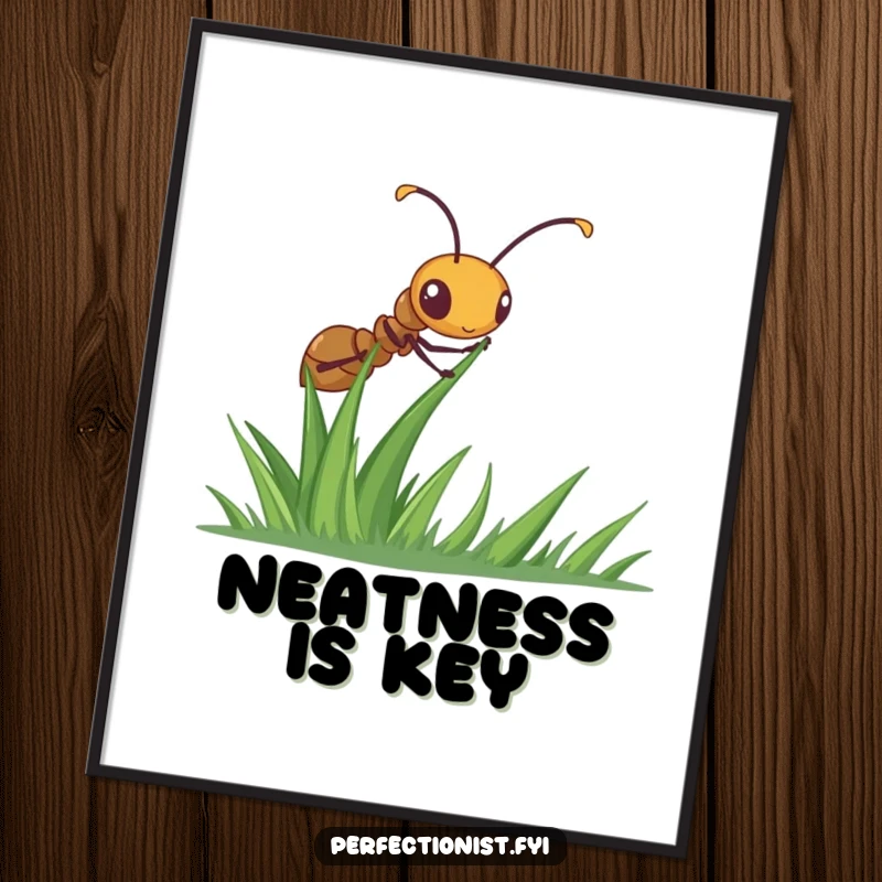 Funny ant digital art print of a diligent ant meticulously straightening a blade of grass, embodying focus and industrious charm for wall decor.