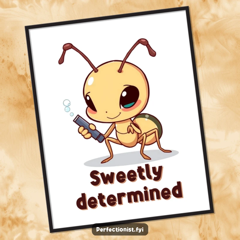 Funny determined ant polishing a single grain of sugar, motivational digital art print, perfect for home decor.