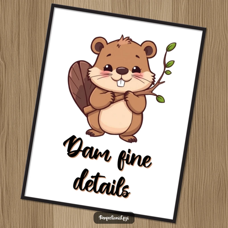Funny digital art print of a determined beaver character skillfully smoothing every single branch, capturing a moment of intense focus and comedic effort.