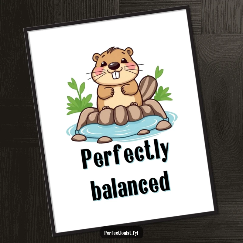 Funny beaver digital art print of a happy beaver ensuring its dam is perfectly symmetrical, embodying order and industrious charm for wall decor.