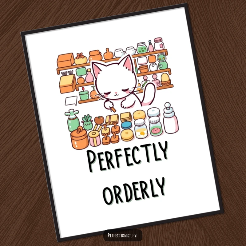 Funny Digital Art: A cat arranging items in perfect rows, a humorous and stylish print.